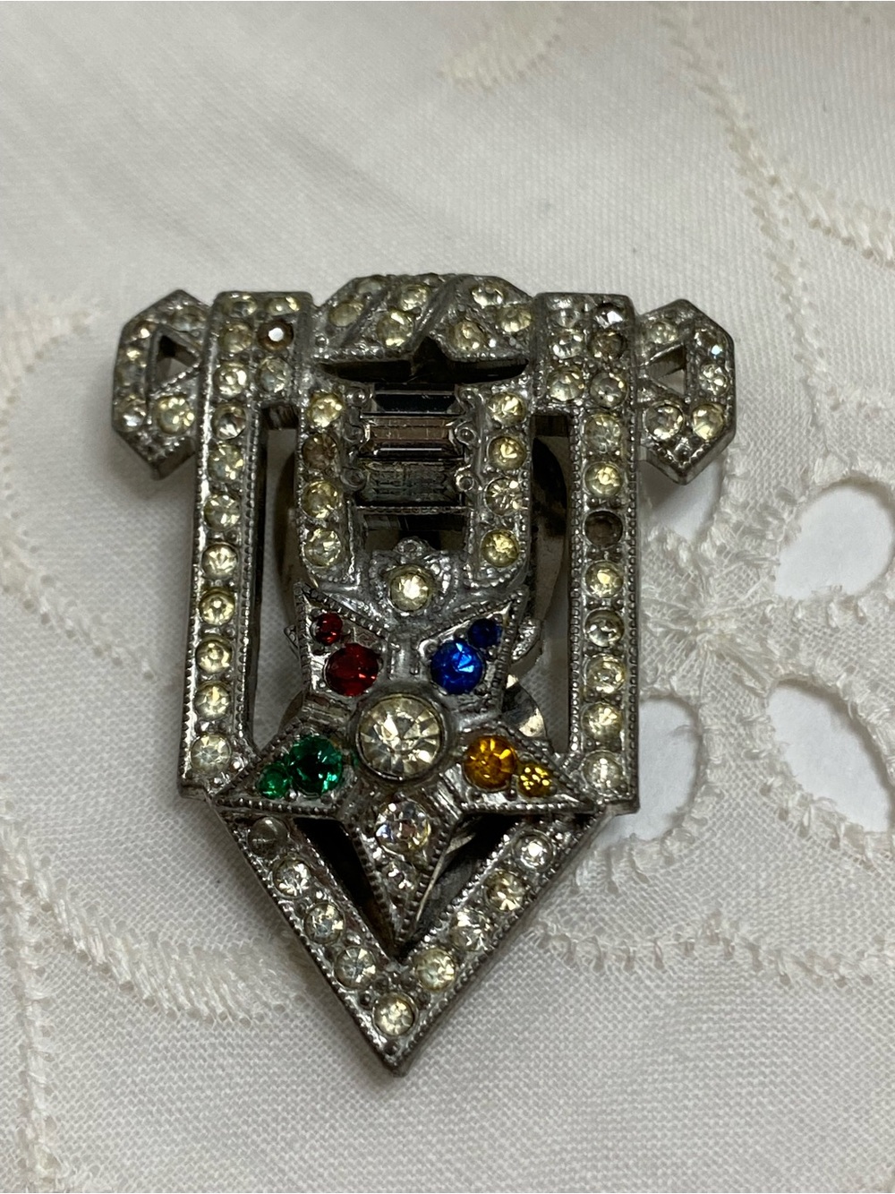 1930s Art Deco Order Eastern Star Rhinestone Dress Clip Patent Masonic
